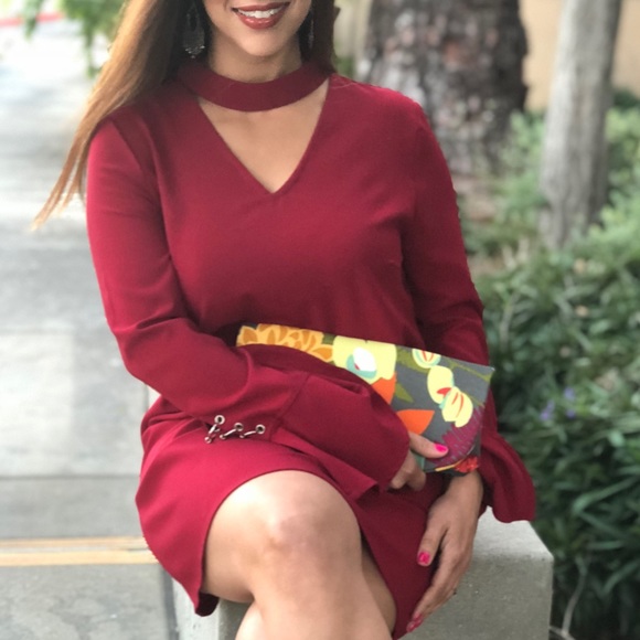 Crimson skater dress w/choker & v-neck, Gorgeous! Sz M - Picture 5 of 16